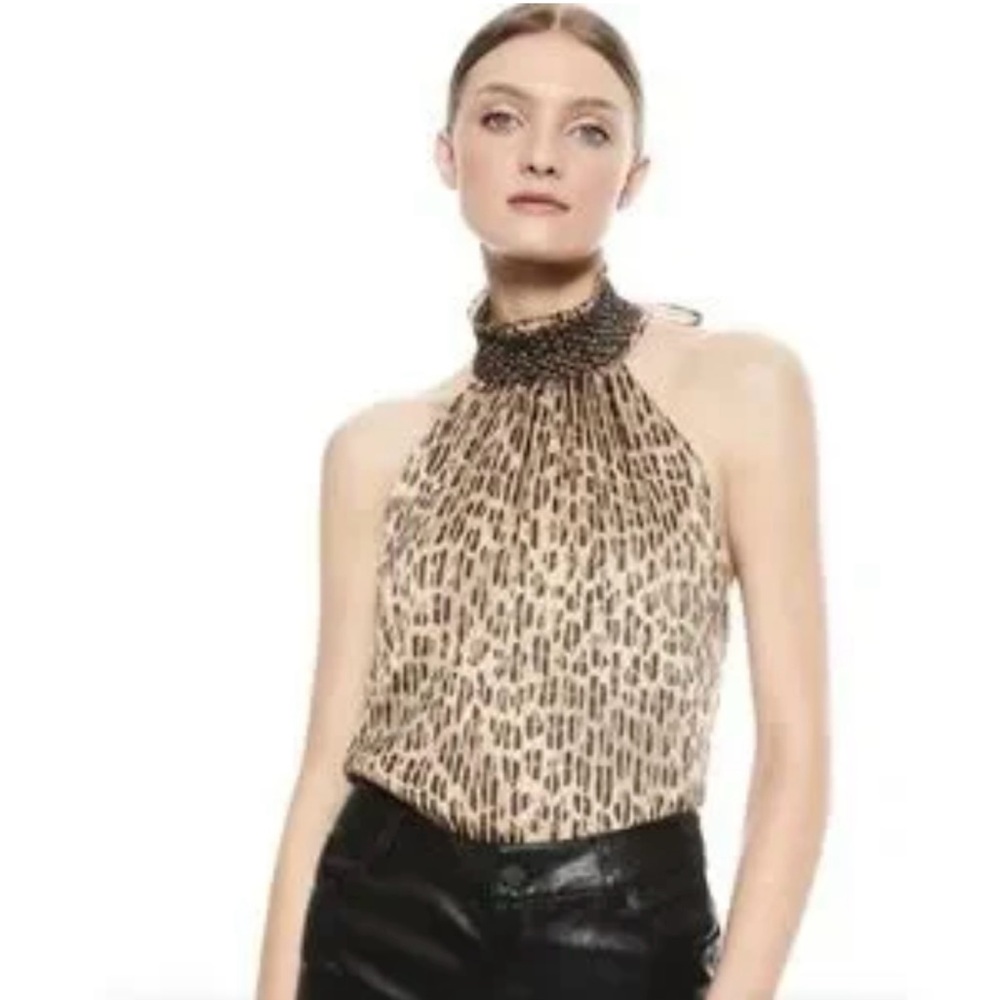 NWT Alice + Olivia Almira Smocked Neck Halter Top, Size XS, Color Brown/Black